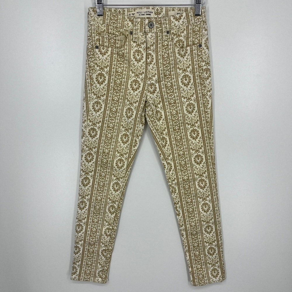 Nili Lotan Womens Mid Rise Skinny Jeans Khaki Damask Print Size 25 10810W376 USA